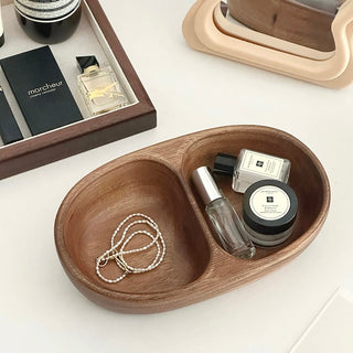 Acacia Wood Double Divided Accessory Tray  Small Item Tray
