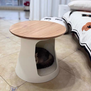 PetHouse Wood Top Round Side Table  Sofa Table Cat House Multifunctional