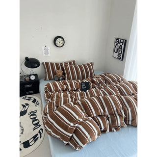 Brown Blue Multi Stripe Winter Duvet Cover Set
