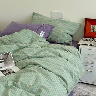 Green Purple Pin Stripe Cotton Duvet Cover Set 2 Sizes  All Seasons