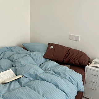 Blue Brown Pin Stripe Cotton Duvet Cover Set 2 Sizes  All Seasons