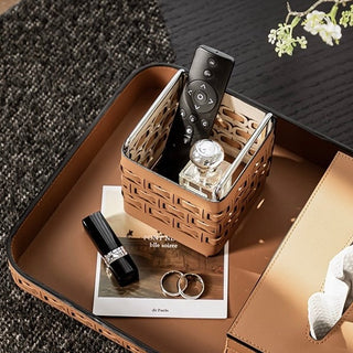 Braided Geometric Pattern Leather Brush Stand  Storage Tray