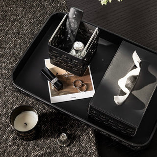 Piece Set: Braided Geometric Pattern Leather Tray Tissue Box Small Item Holder  Storage Brush Stand