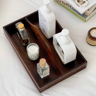 Handled Wooden Rectangular Storage Tray for Cosmetics and Perfumes