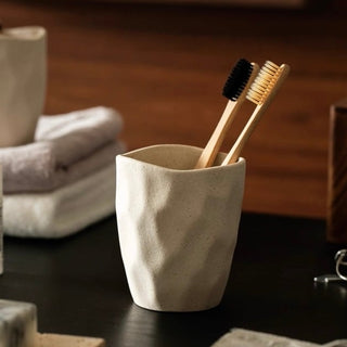 Natural Ceramic Textured Brush Stand for Bathroom Sink Mouthwash Cup Toothbrush Cup
