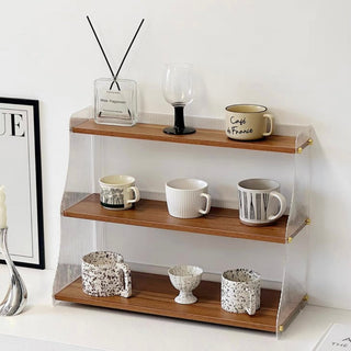 Wood Clear Acrylic Three-Tier Cup Storage Display Rack