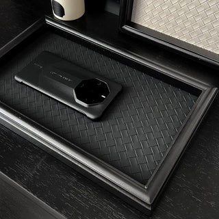 Intrecciato Rectangular Wood Frame Leather Tray
