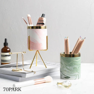 Marble-look Gold Legged Cylindrical Brush Stand    Pen Holder