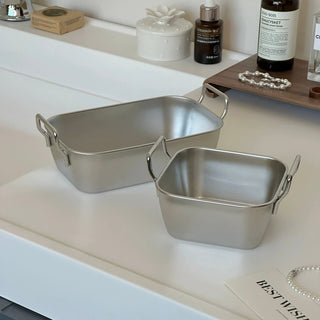 Set of 2  Stainless Steel Storage Baskets with Handles Silver