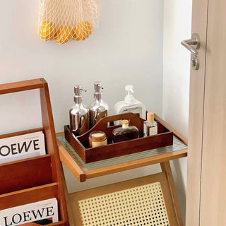 Handled Wooden Rectangular Storage Tray for Cosmetics and Perfumes