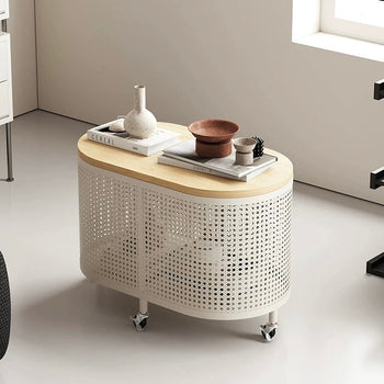 Wheeled Wood Lid Storage Oval Side Table