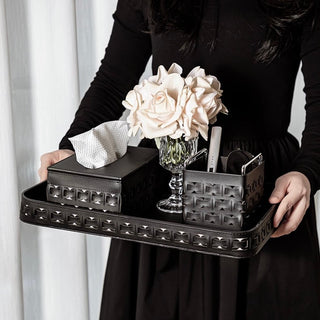 Piece Set: Braided Geometric Pattern Leather Tray Tissue Box Small Item Holder  Storage Brush Stand