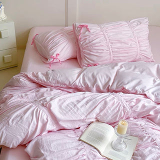 Color Gathered Romantic Ribbon Duvet Cover Set  All Seasons