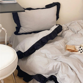 Gray Stripe Black Frill Cotton Duvet Cover Set  All Season
