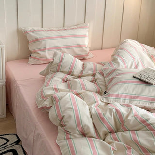 Pink Mixed Color Wide Stripe Cotton Duvet Cover Set 2 Sizes  All Seasons