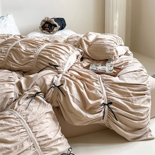 Color Gathered Romantic Ribbon Duvet Cover Set  All Seasons