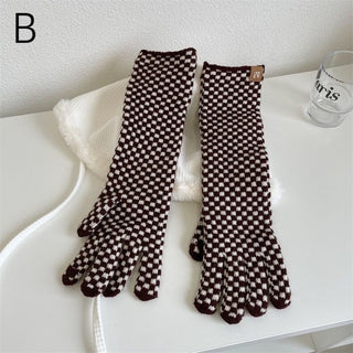 Smartphone Compatible Checkerboard Pattern Long Gloves