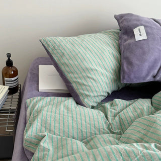 Green Purple Pin Stripe Cotton Fleece Winter Duvet Cover Set