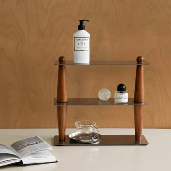 Wood Stainless Steel Three-Tier Storage Display Rack Brown