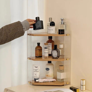 Clear Acrylic Wood Grain Finish Three-Tier Storage Corner Rack   Perfect for Cosmetics and Perfumes