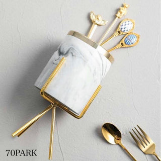 Marble-look Gold Legged Cylindrical Brush Stand    Pen Holder