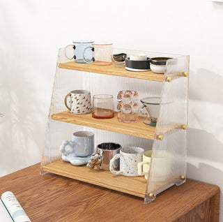 Clear x Wood Grain Three-Tier Storage Display Rack