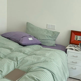 Green Purple Pin Stripe Cotton Duvet Cover Set 2 Sizes  All Seasons