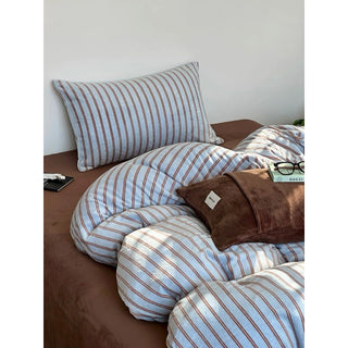 Blue Brown Double Stripe Milk Velvet Winter Duvet Cover Set