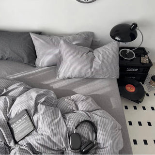Gray Brown Stripe Cotton Duvet Cover Set 2 Sizes  All Seasons