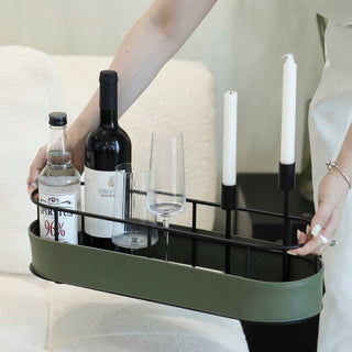 Black Frame Leather Oval Long Tray Small Item Holder Spice Rack