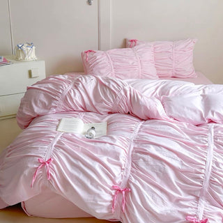 Color Gathered Romantic Ribbon Duvet Cover Set  All Seasons