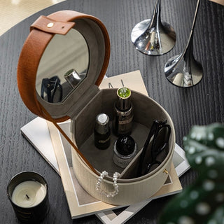 Leather Handle Round Makeup Box with Mirror Small Item Storage Cosmetic Storage