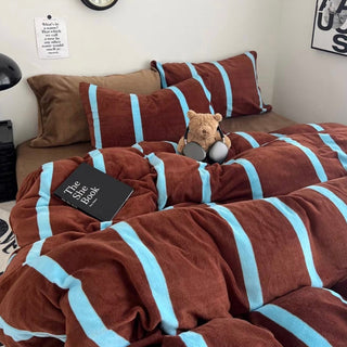 Brown Blue Wide Stripe Winter Duvet Cover Set