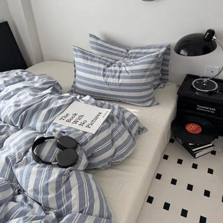 Blue Multi Stripe Cotton Duvet Cover Set 2 Sizes  All Seasons