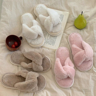 Cross Faux Fur Fluffy Room Shoes  Indoor Slippers