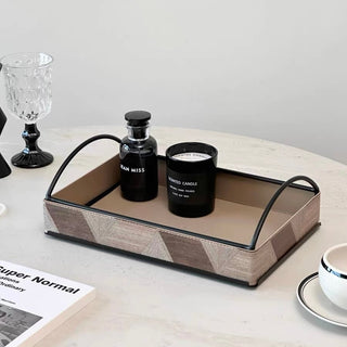 Iron Handle Leather Rectangular Tray  Storage