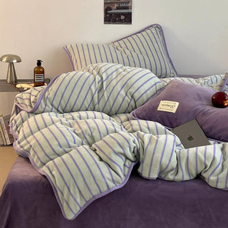 Purple Stripe Piping Thick Milk Fleece Winter Duvet Cover Set