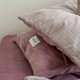 PinkPurple Pin Stripe Cotton Fleece Winter Duvet Cover Set