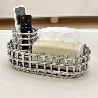 Silver Woven Oval Ceramic Basket for Small Item Storage
