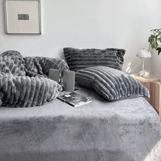 Faux Fur Striped Gray Winter Duvet Cover Set