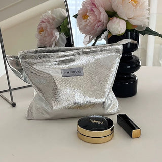 Metallic Silver Rectangular Flat Cosmetic Storage Pouch Large Capacity Organization