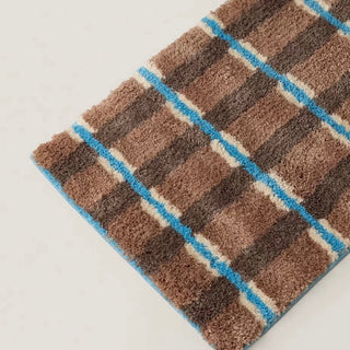 Brown and blue checkered door mat 50x80cm absorbent non-slip tufted.