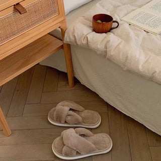 Cross Faux Fur Fluffy Room Shoes  Indoor Slippers