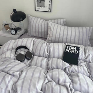 Purple Stripe Fluffy Flannel Duvet Cover Set