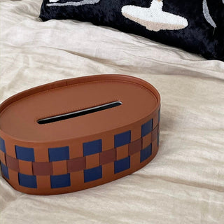 Oval-shaped woven faux leather tissue case