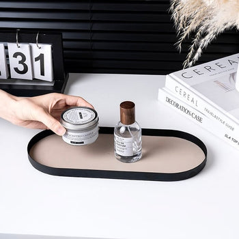 Iron Leather Oval Simple Accessory Tray  Storage
