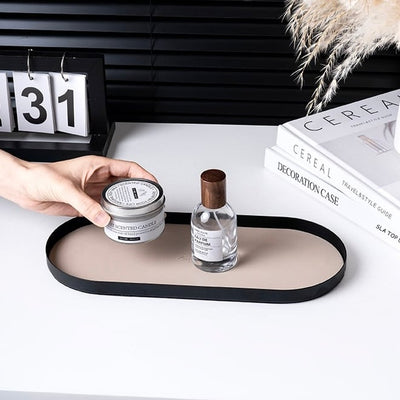 Iron Leather Oval Simple Accessory Tray  Storage