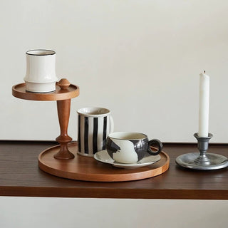 Natural Wood Movable Two-Tier Round Tray Storage