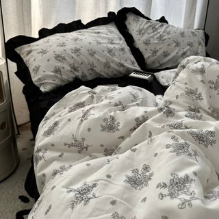 Flower Pattern Black Frill Monotone Duvet Cover Set  All Season