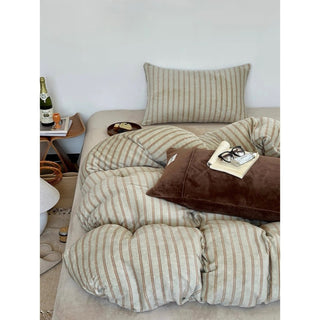Beige Brown Double Stripe Milk Velvet Winter Duvet Cover Set